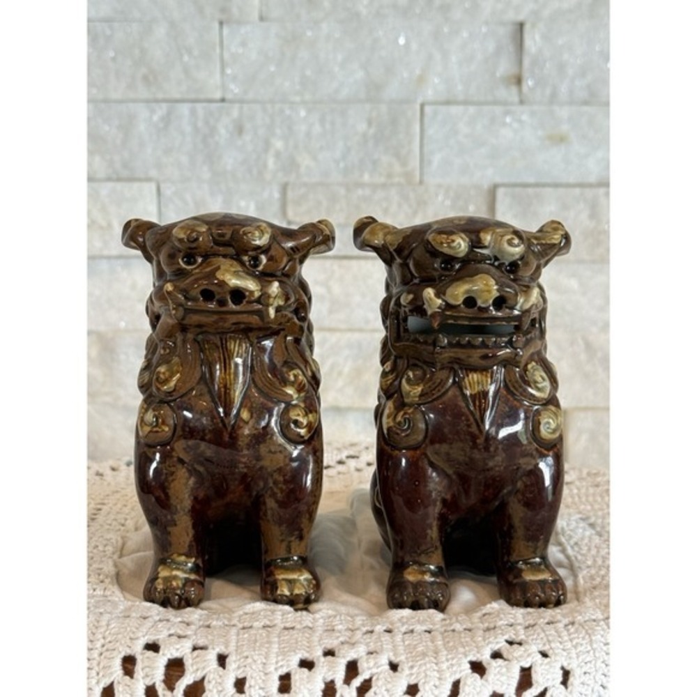 Vintage Pair Japanese Okinawan Shisa Foo Dogs Brown Drip Glaze Pottery 4" Lions